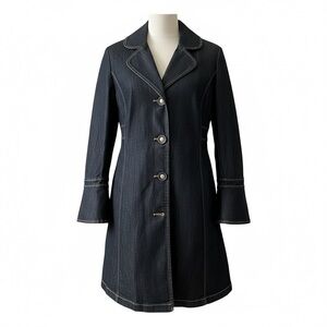 BISOU BISOU Denim Trench Coat Womens XS Blue Dark Wash Bell Sleeves Duster Jeans